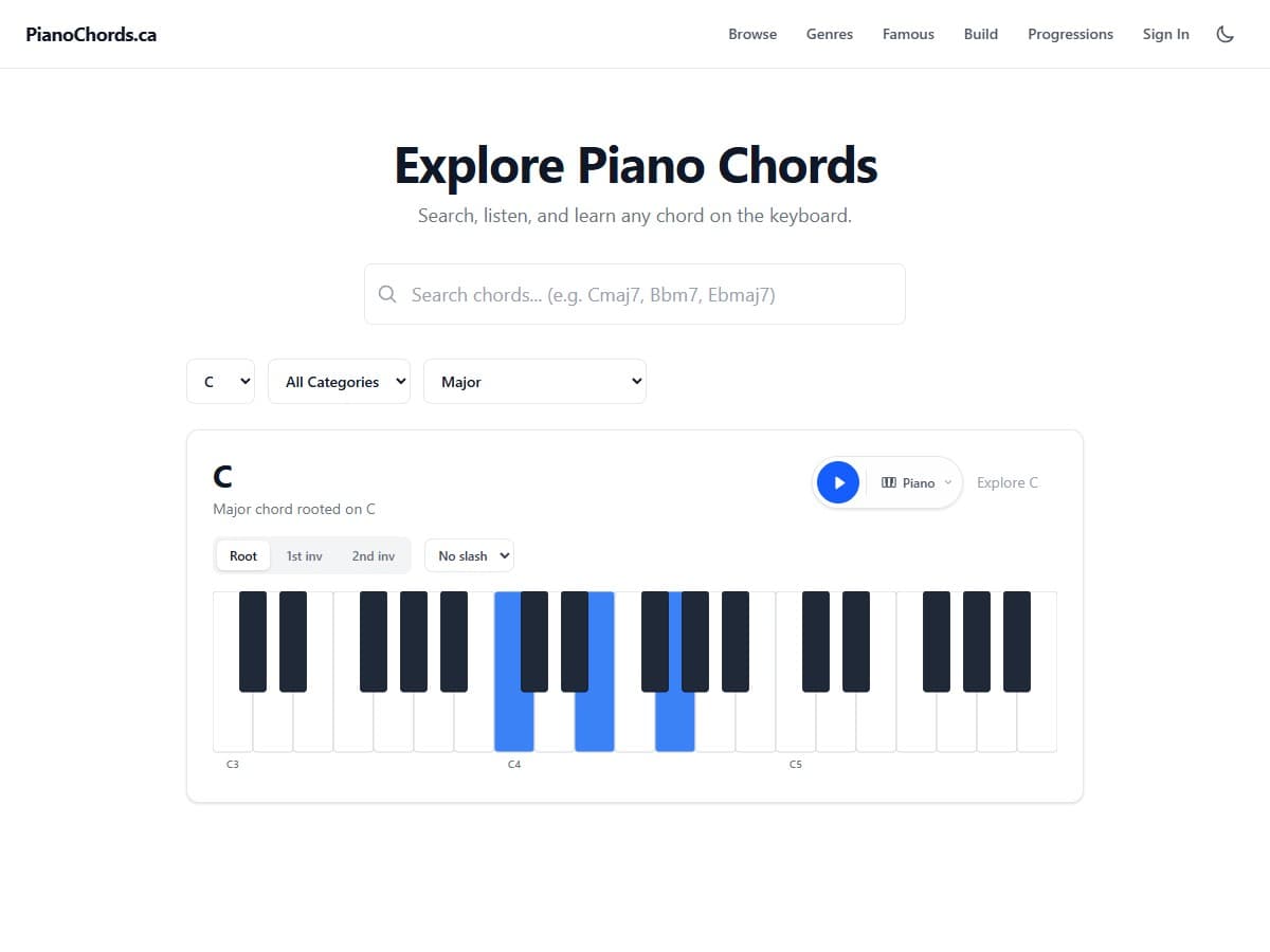 PianoChords chord explorer with interactive keyboard