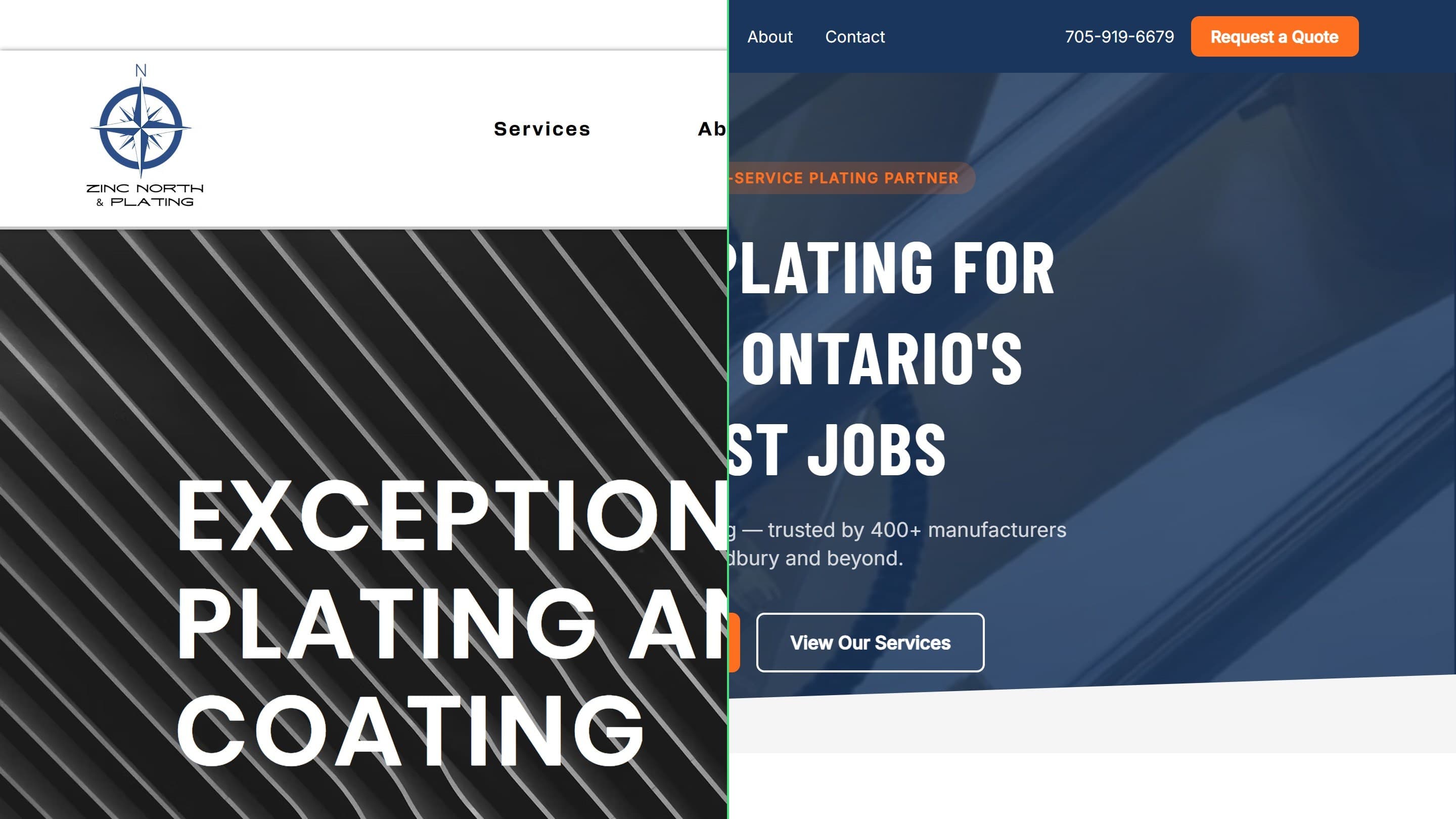 The Zinc North homepage split down the middle: the original Wix template on the left, the rebuilt site on the right